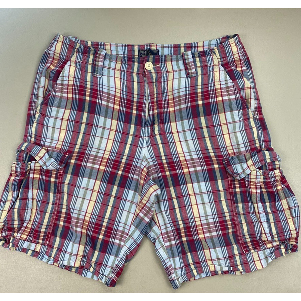 Vtg Ralph Lauren Polo Jeans Co Madras Plaid Cargo Shorts Mens 34x11 Red Blue 90s